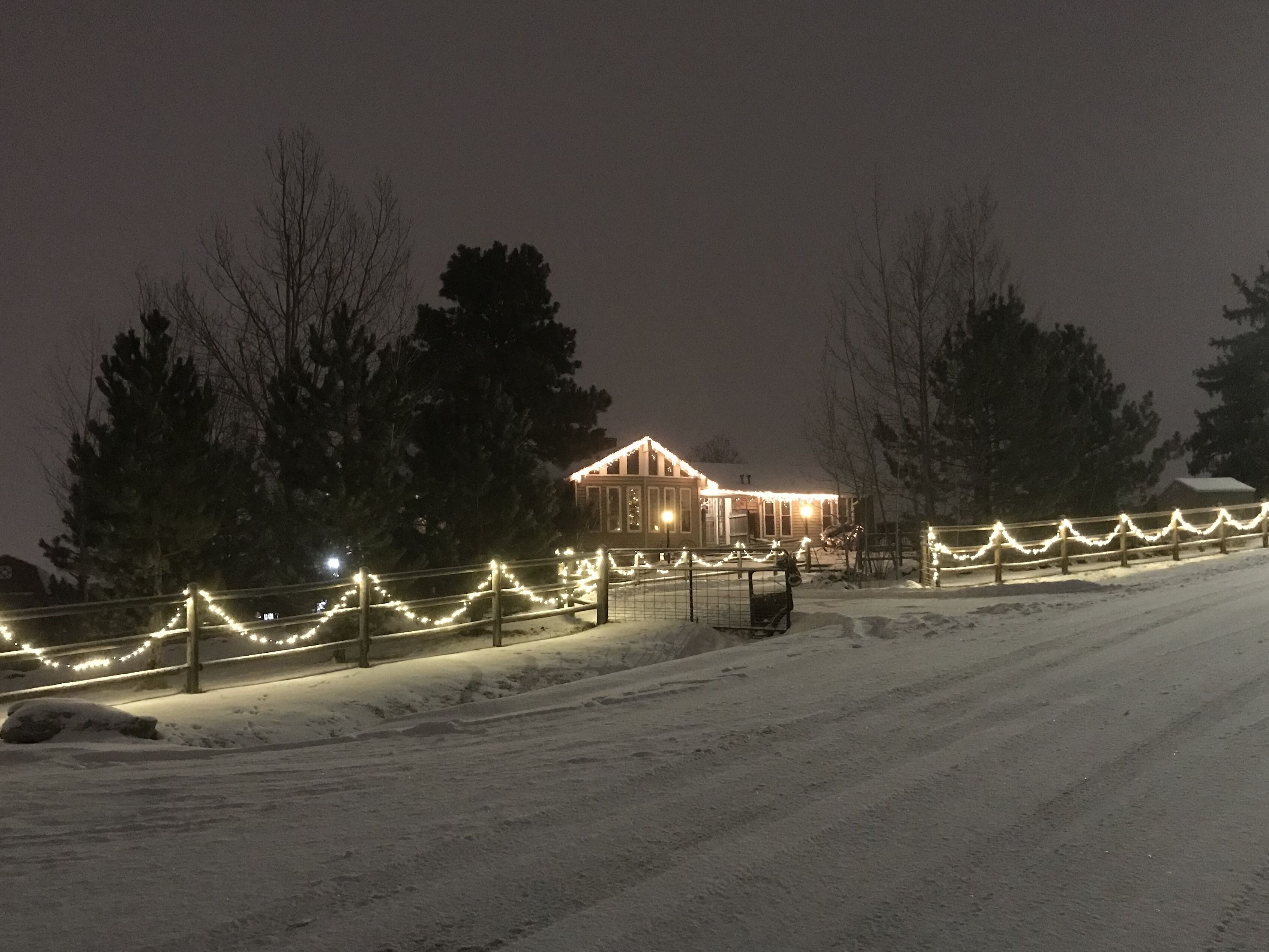 A snow-covered road with a house on the left, surrounded by trees.