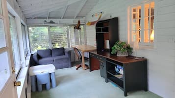 Smart TV, fireplace, DVD player, books