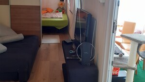 Ein gemütlicher, kleiner Wohnraum mit Bett, Fernseher, Tisch und einer Kratzmöglichkeit für Katzen.