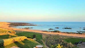 Un paysage côtier avec une plage de sable, des zones herbeuses et un ciel dégagé.