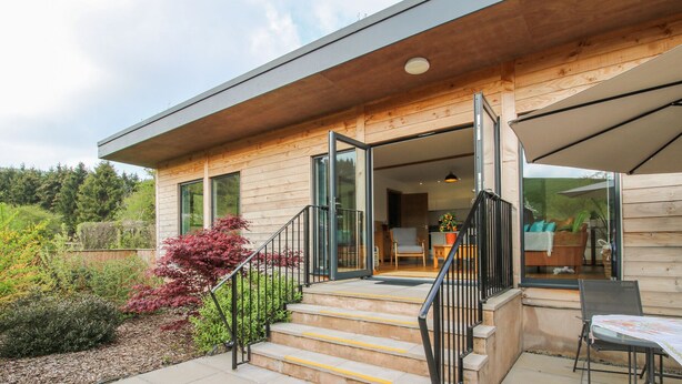 A modern house with a wooden exterior, a glass door entrance, a staircase leading to a covered patio, and a view of the interior. - No1 The Lodge (Bishops Castle)