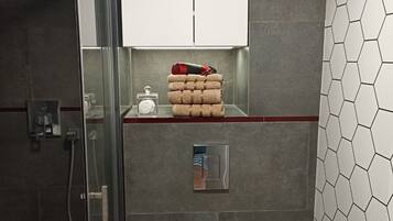 Shower, hair dryer, towels, soap