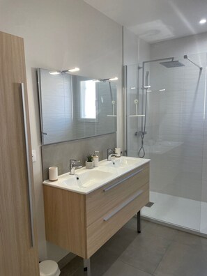 Shower, hair dryer, towels, soap