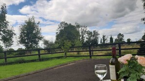 A table with a wine bottle and glass, a potted plant, and a view of a rural landscape with a fence and trees.