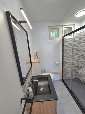 シャワー、ヘアドライヤー、タオル、トイレットペーパー