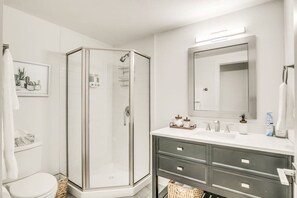 Shower, hair dryer, soap, shampoo