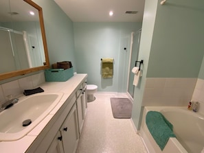 Bathtub, towels, soap, shampoo