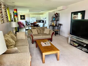 TV connectée, cheminée, lecteur de DVD, livres