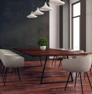 Enjoy meals in this stylish dining area with a wooden table and comfortable chairs.