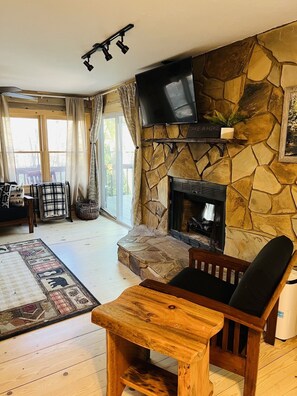 Smart TV, chimenea y libros 