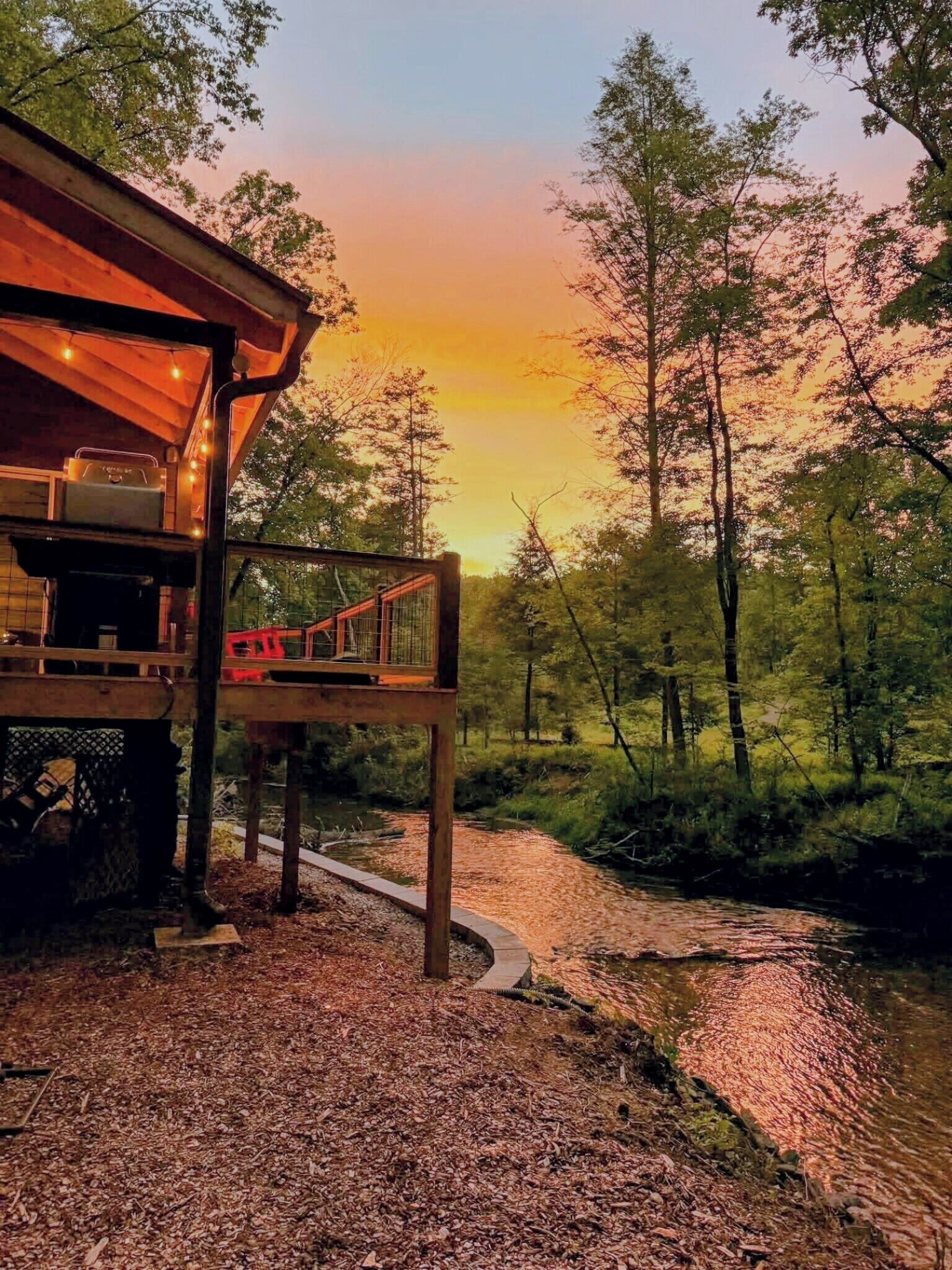Ein rustikales Blockhaus mit einer Terrasse, die auf einen Wald und einen Bach blickt.