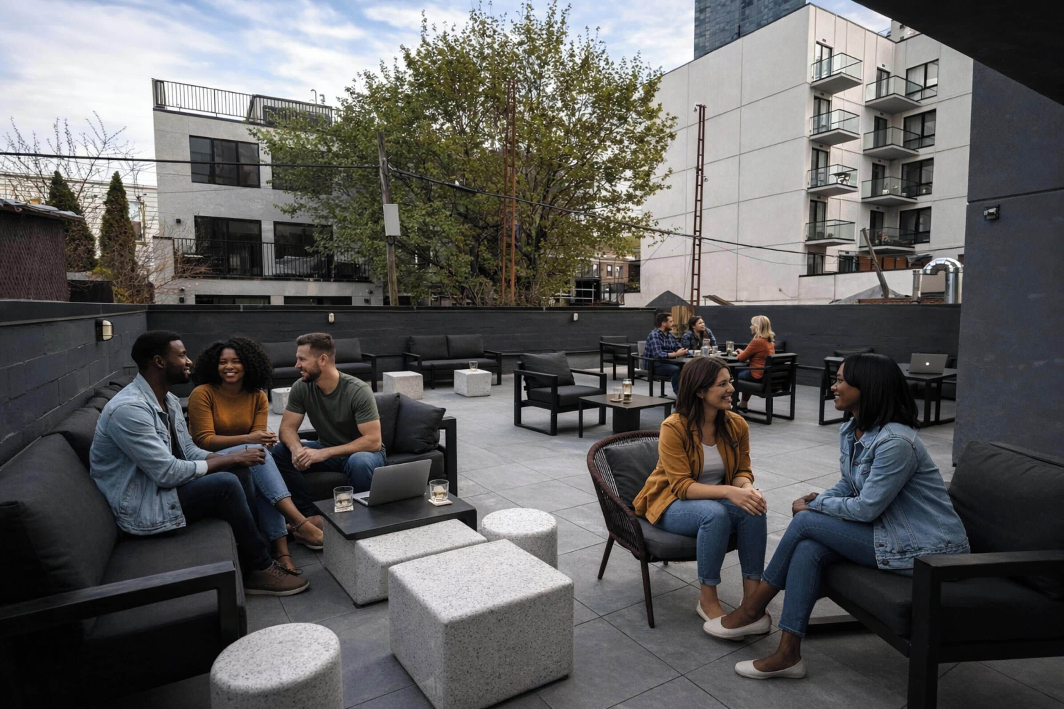 An outdoor seating area with modern furniture and a view of the cityscape.