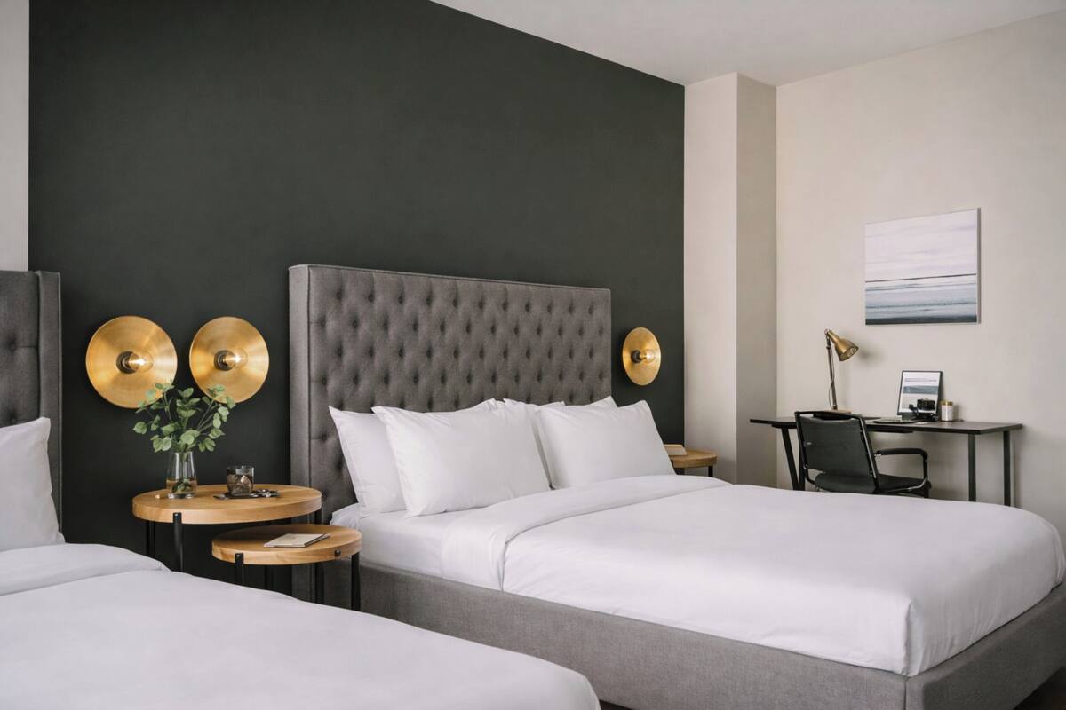 Ein Hotelzimmer mit zwei Betten, einem grauen, gesteppten Kopfteil, einem kleinen Schreibtisch mit Stuhl und einer Wandlampe.