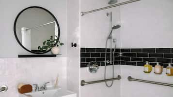 Designer toiletries, hair dryer, towels, soap