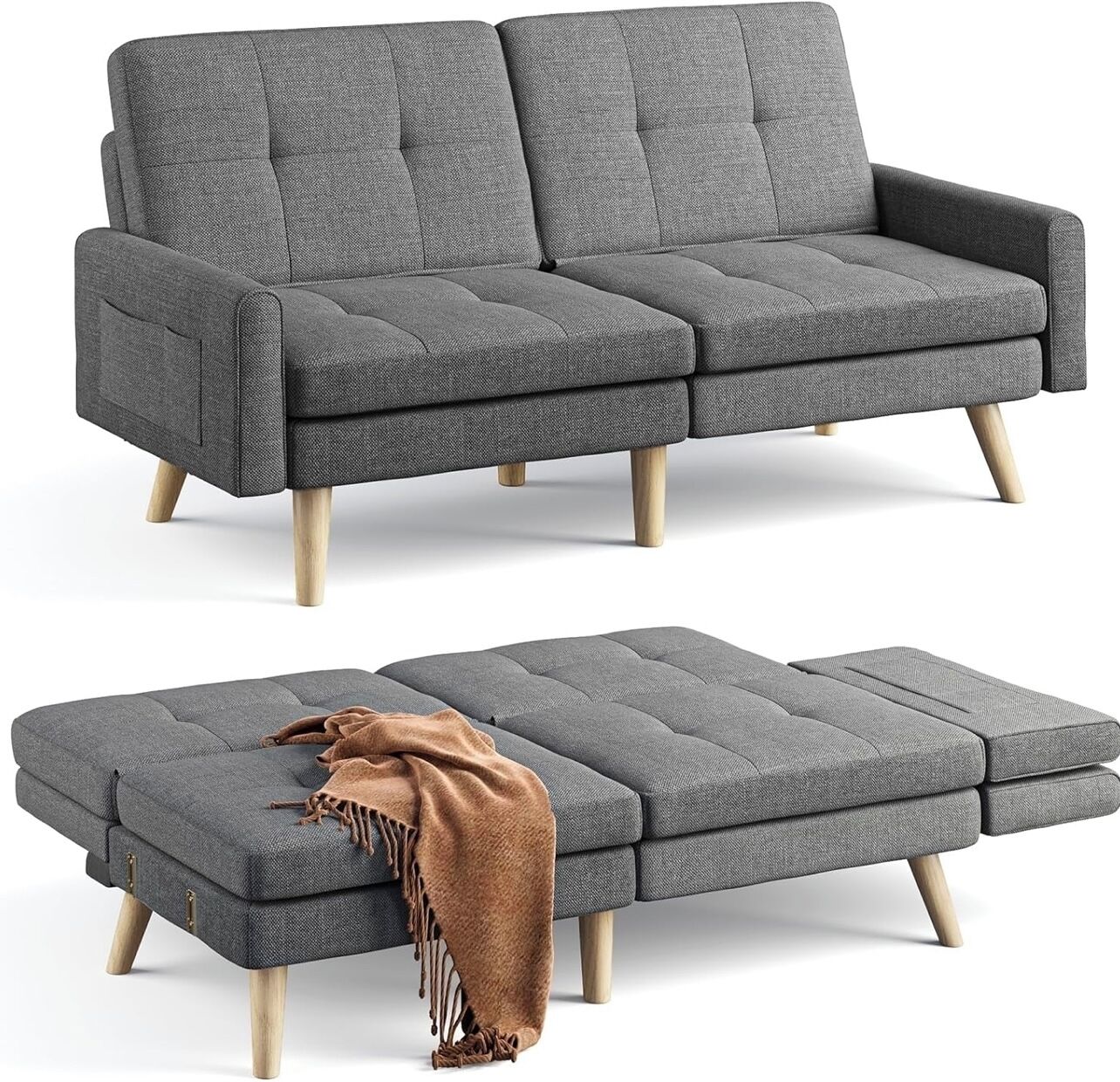 A grey sectional sofa with wooden legs and a matching ottoman.