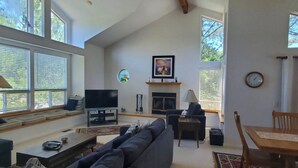 A living room with a television, sofa, fireplace, dining table, and large windows.