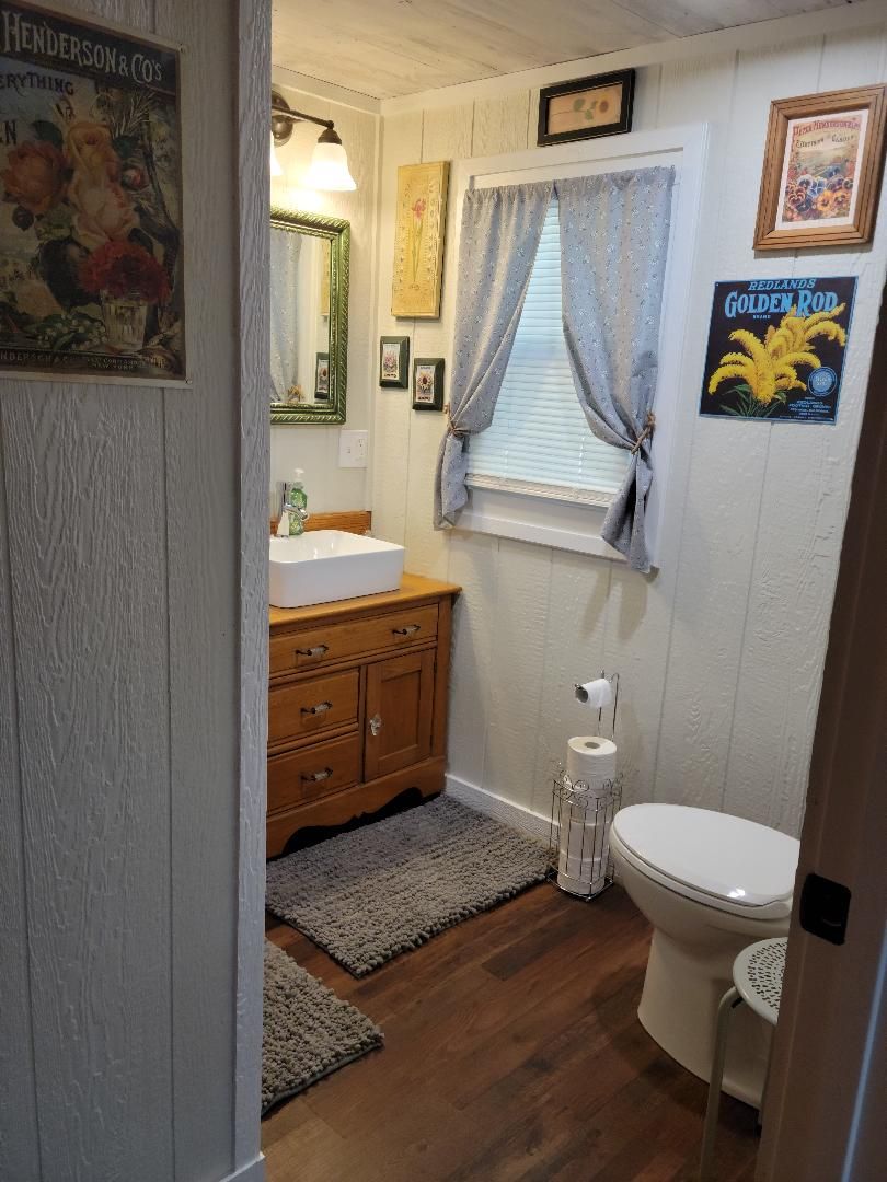A bathroom with a wooden vanity, a toilet, a rug, and a framed poster on the wall.
