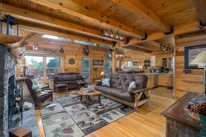 TV, fireplace, table tennis - SKYVIEW STATION: Secluded 3-Level Log Cabin w/ Private Trail (Cherokee County)