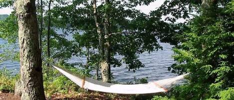 A hammock between trees by a lake.