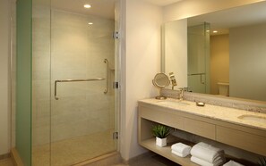 Combined shower/tub, hair dryer, towels, soap