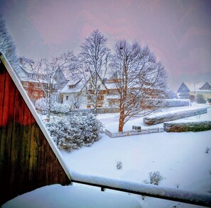 A snow-covered residential area with houses and trees. - Holiday Apartment 'Waldkäuzle' with Mountain View, Shared Pool & Balcony, Pets on Request (Lenzkirch)