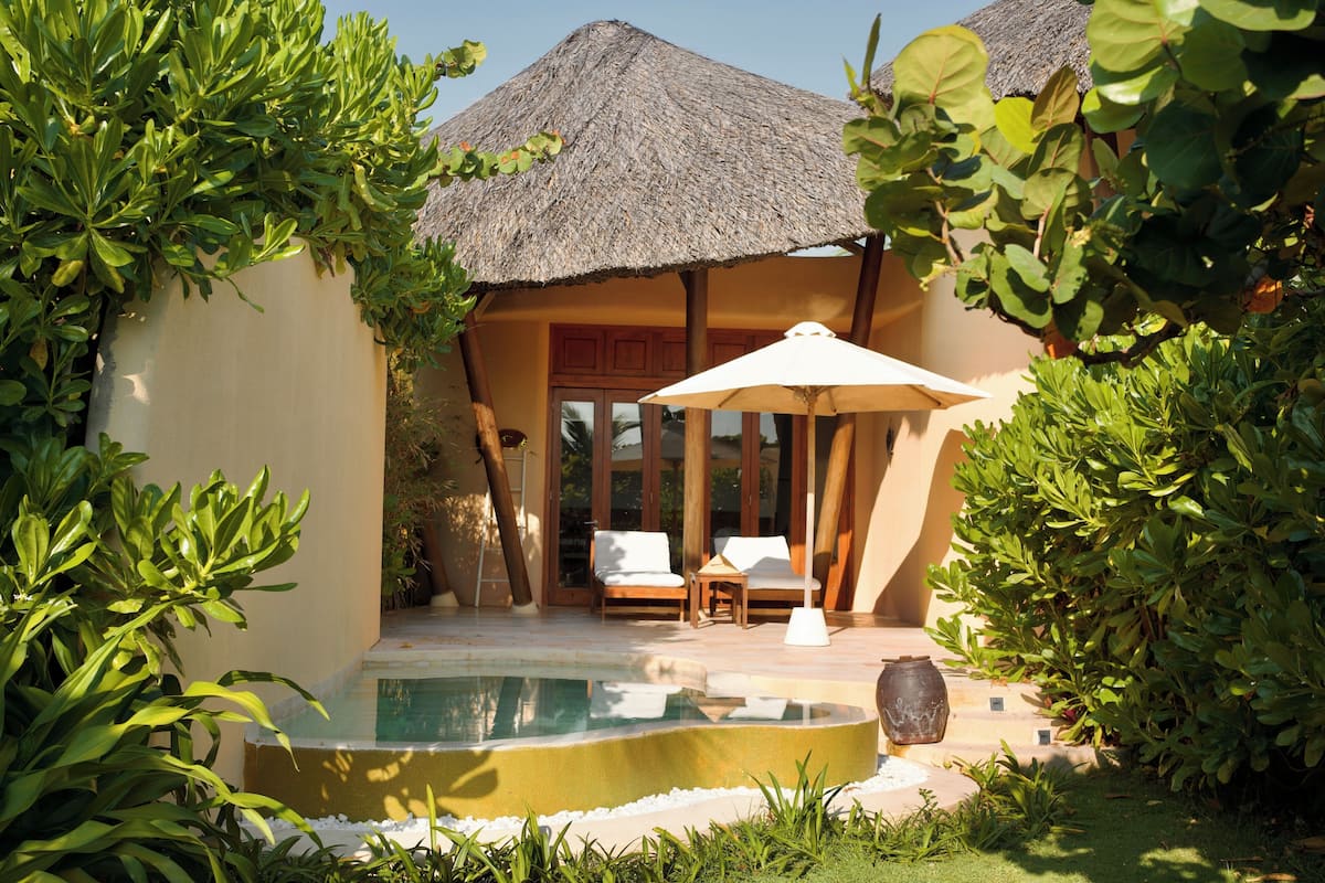 A pool with a thatched roof structure, surrounded by greenery and a lounge area with chairs and an umbrella.