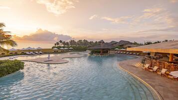 Outdoor pool, pool umbrellas, pool loungers