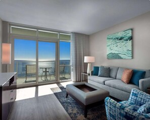 Enjoy ocean views from the balcony through the large sliding glass door.