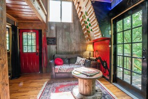 TV, fireplace, books