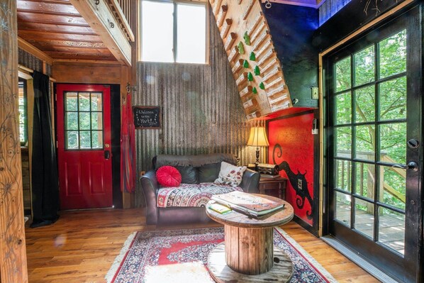 TV, fireplace, books