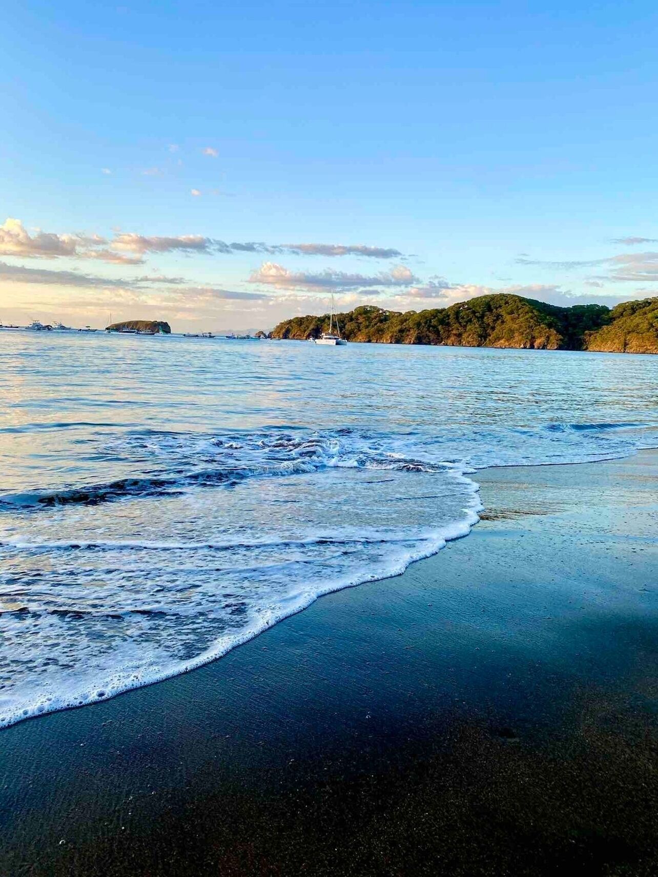 A beach with waves gently lapping onto the shore, a clear sky, and distant boats.