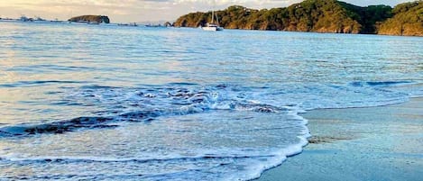 A beach with waves gently lapping onto the shore, a clear sky, and distant boats.