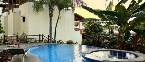 A swimming pool with lounge chairs and palm trees.