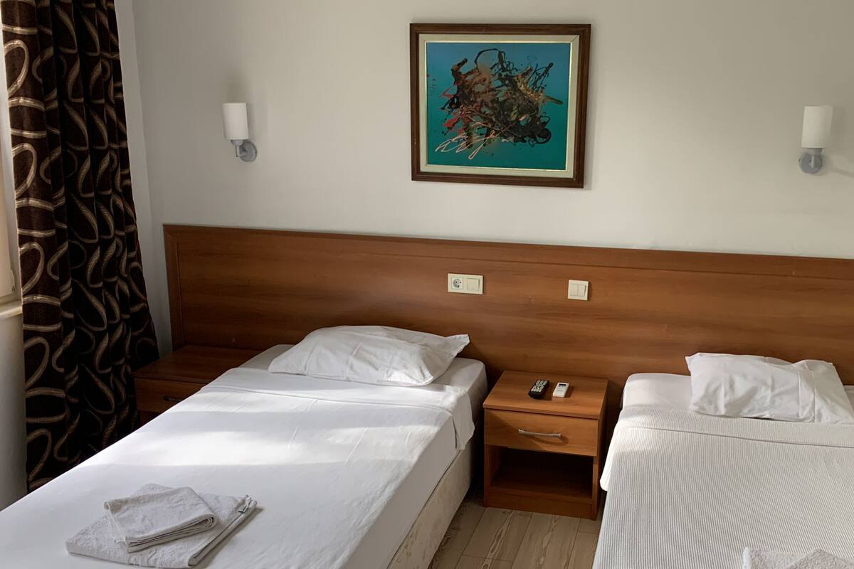 Ein Hotelzimmer mit zwei Betten, einem hölzernen Kopfteil, einem Bild an der Wand und einem Vorhang mit Blätermotiv.