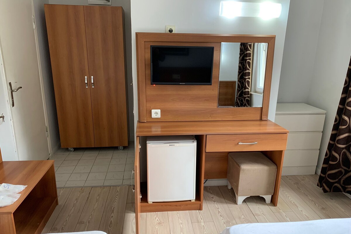 Habitación de hotel con un escritorio de madera, televisión, refrigerador pequeño y armario.