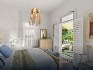 Relax in this serene bedroom with a large bed, dresser, and window with sheer curtains.