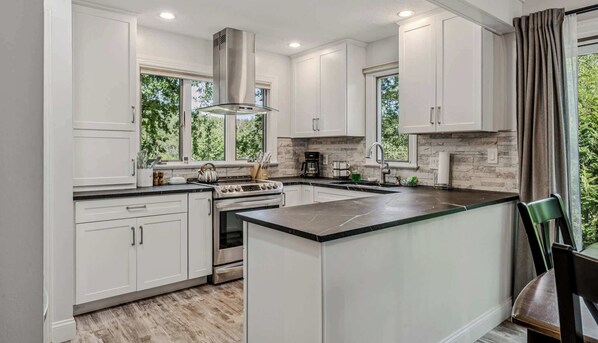Fridge, microwave, oven, stovetop