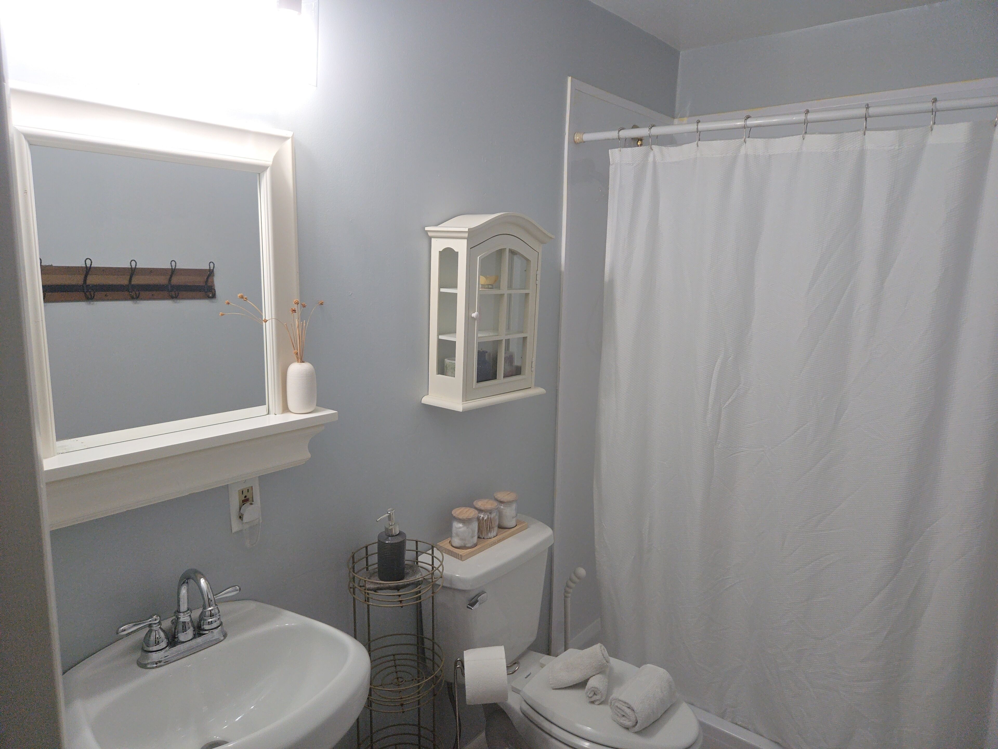 Hair dryer, towels, soap, shampoo
