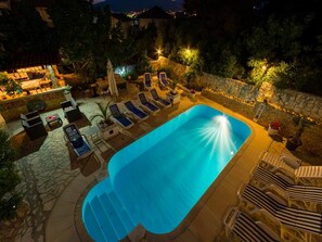 Outdoor pool, pool umbrellas, pool loungers