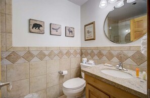 A bathroom with a toilet, sink, and mirror. There are three wall-mounted pictures of animals. - Treasure Mountain Inn - Main Street Condo - Top Floor (Park City)