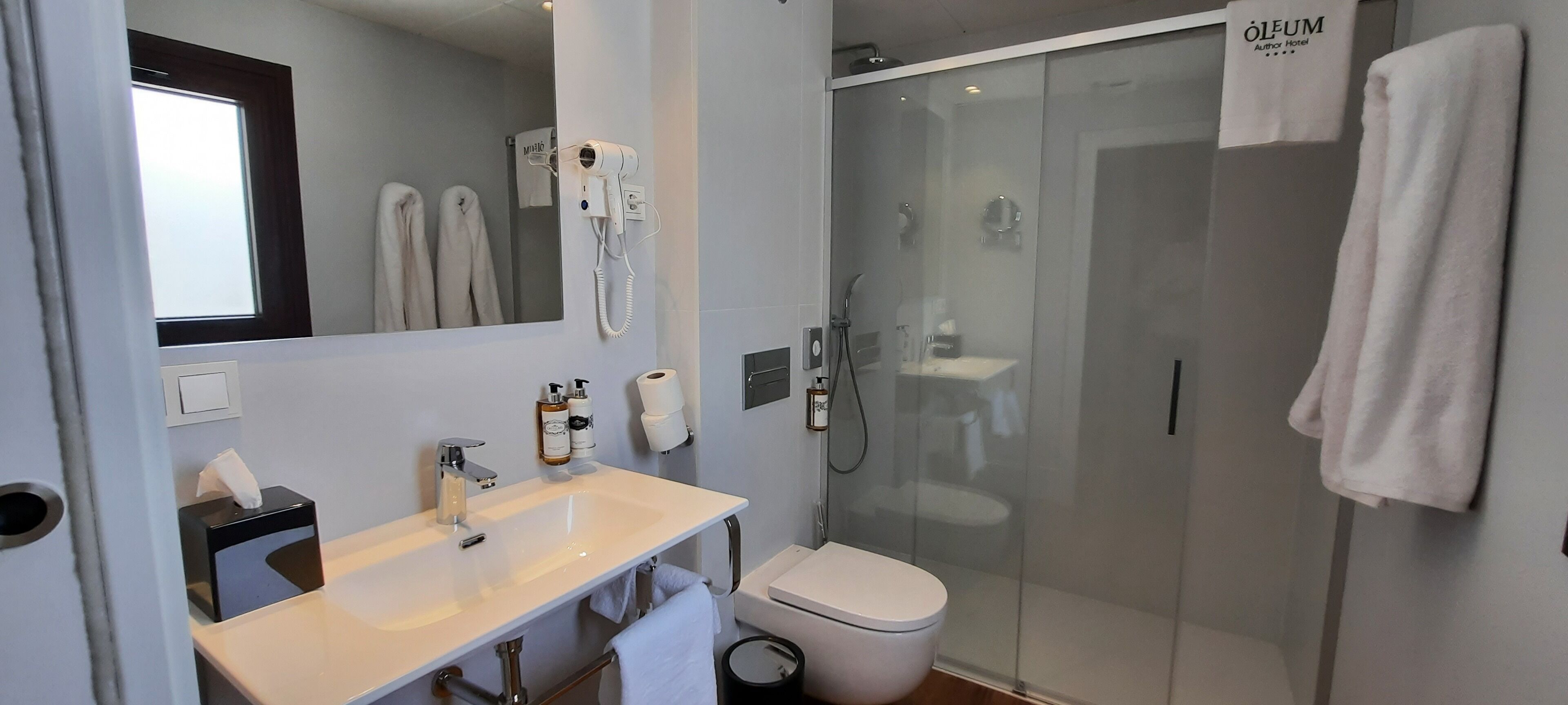A modern bathroom with a glass shower enclosure, a white sink, and a toilet.