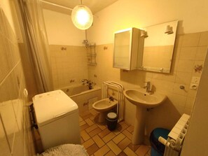 Tina, secadora de cabello, bidet, papel de baño 