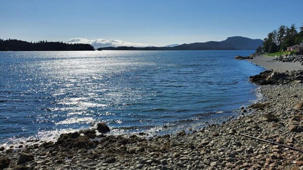 A rocky shoreline with calm water reflecting sunlight, a distant mountain range, and a clear sky. - {Forget-Me-Not Inn} Alaskan Waterfront Vacation Rental (Eagle Suite) (Sitka)