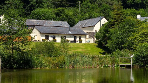 Een huis met twee verdiepingen en een schuin dak, omgeven door weelderige beplanting en water.