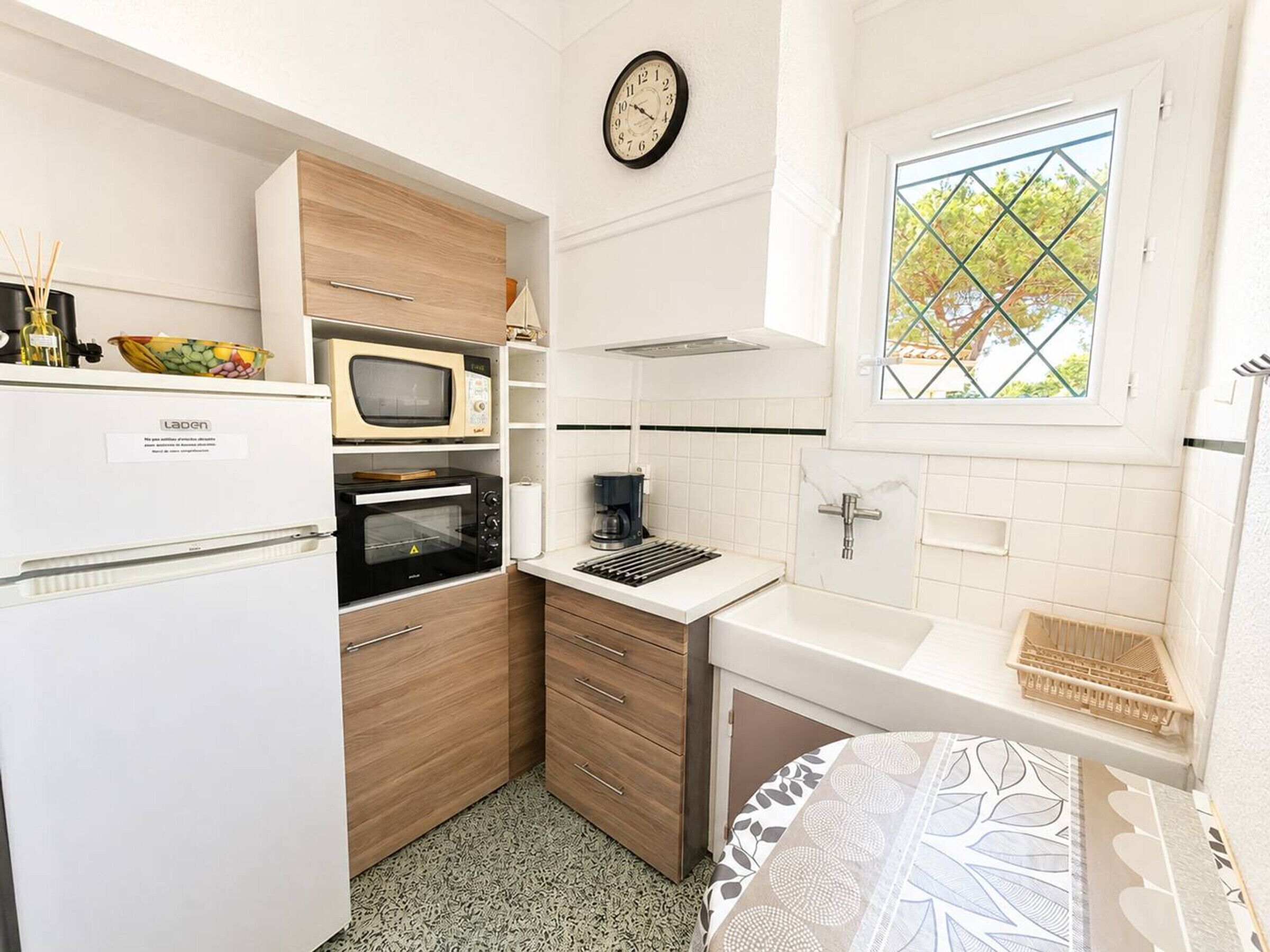Fridge, microwave, stovetop, coffee/tea maker