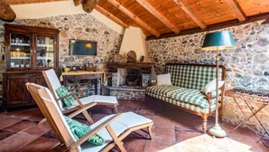 Un intérieur rustique avec des murs en pierre, des poutres en bois, une cheminée en pierre, un téléviseur, un canapé et une lampe.
