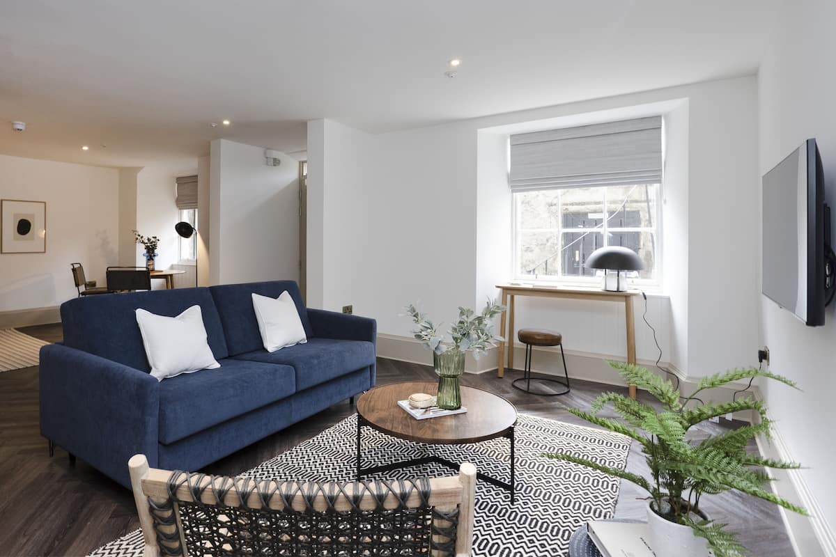 A modern living room with a blue sofa, a round coffee table, a patterned rug, and a potted plant.