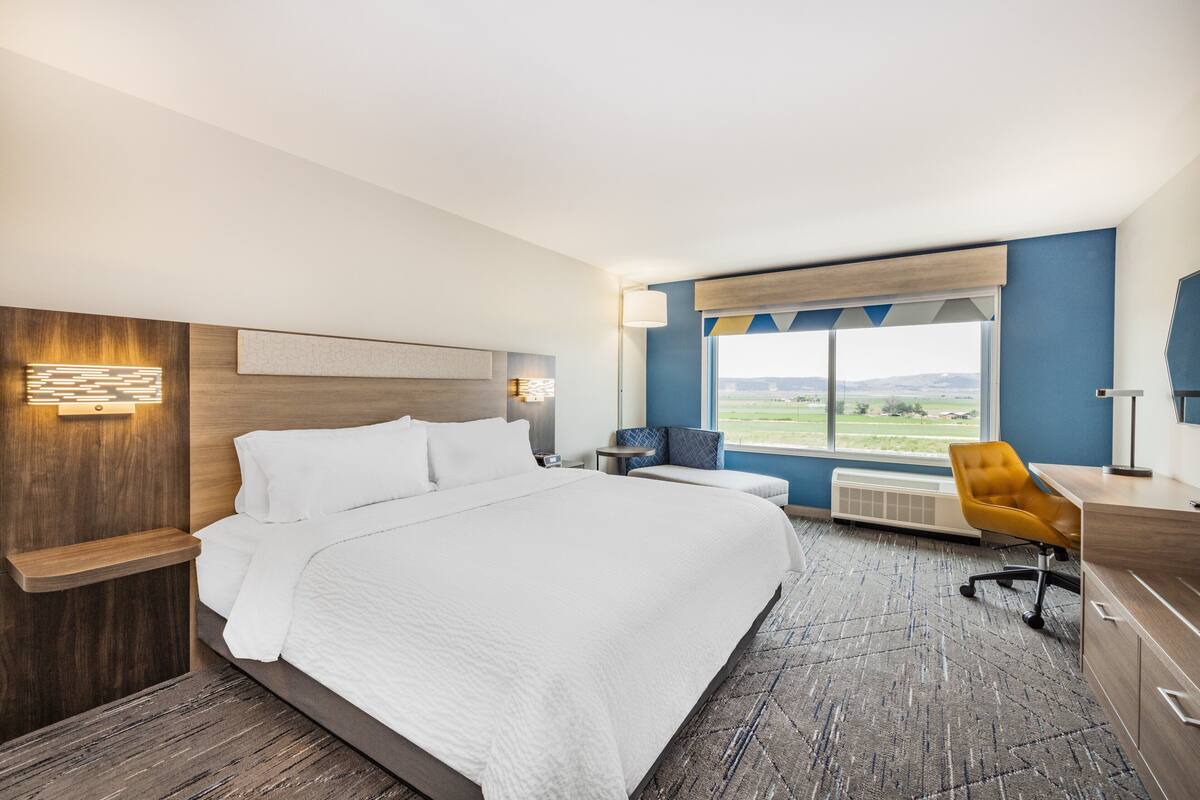 Une chambre d’hôtel avec un grand lit, un bureau, une chaise et une vue sur l’extérieur.
