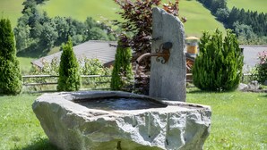 A stone fountain with a water spout, surrounded by grass and trees, with a house and fence in the background. - Holiday Apartment "Weiße Zinne" with Shared Whirlpool & Garden (Valle Aurina)