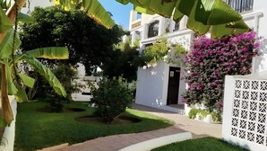 Un jardin bien entretenu, avec un chemin pavé, un bâtiment blanc doté de balcons et un grand bananier.
